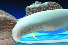 Description: A diagram illustrates how a Water Pillow can help support the head and neck during sleep.